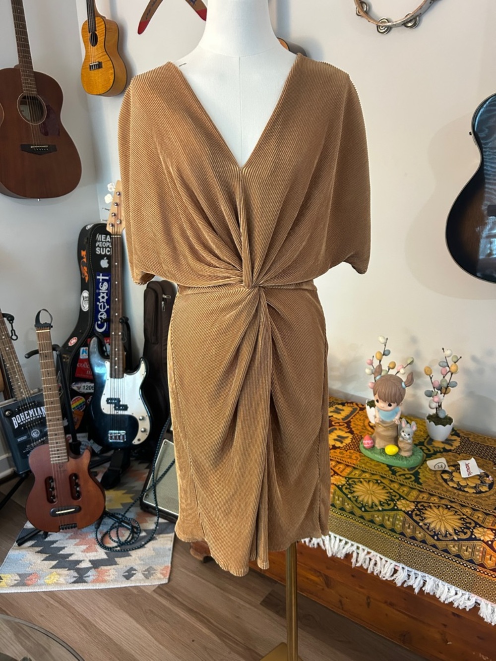 Knot-Front V-Neck Women’s Dress in Camel